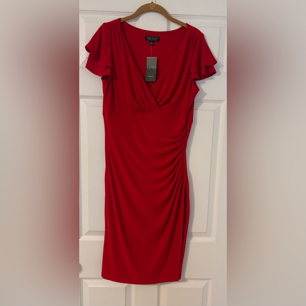 Ralph Lauren Red Surplice Midi Dress with Flutter Sleeves